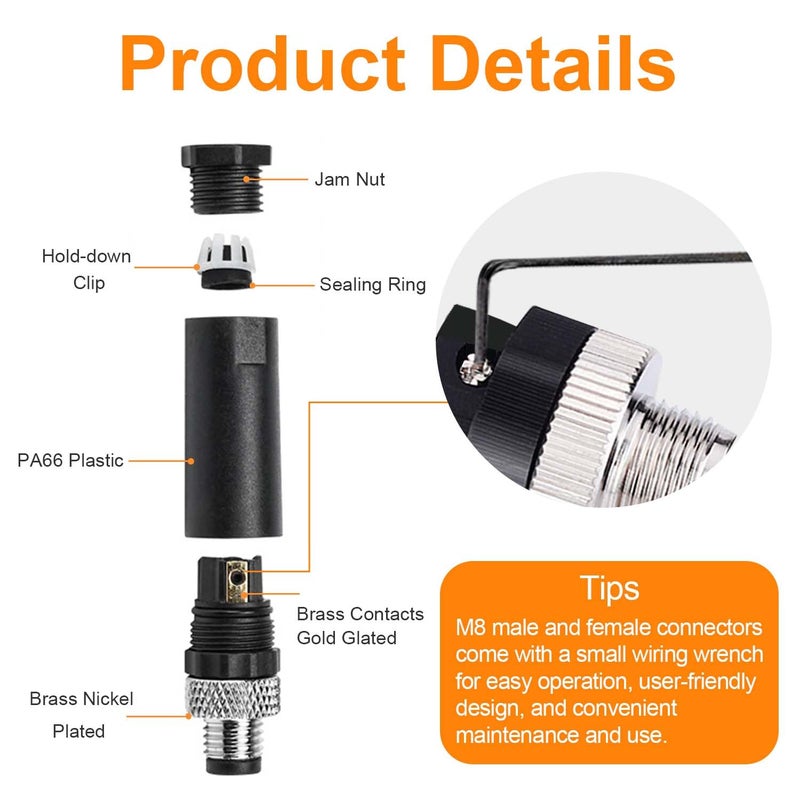 PklzNet 10Pcs M8 4-Pin Male Aviation Connector, Industrial 8mm A-Coded Field Assembly Plug, IP67 Waterproof, for Industry Automation and Panel Sensors. - Image 4